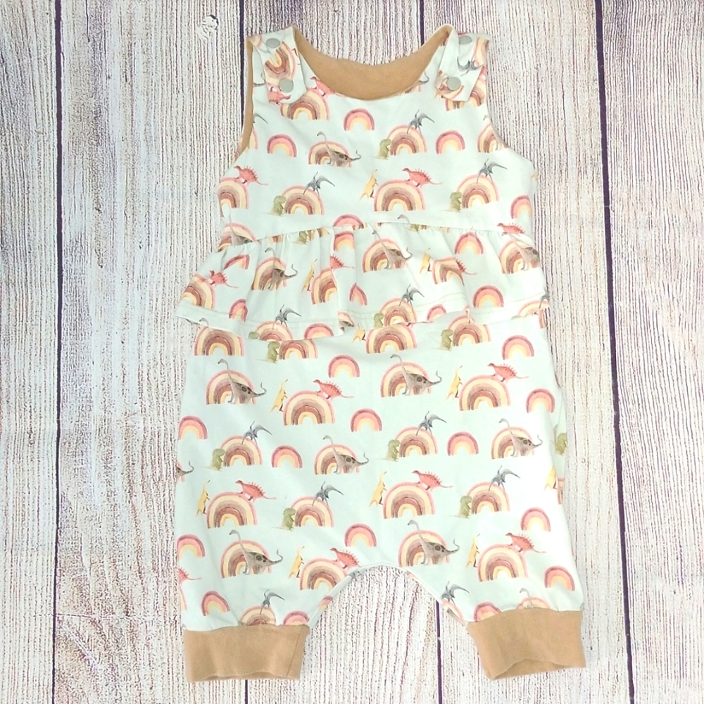 Custom Made ADJUSTABLE Grow-With-Me Infant/Toddler Romper 6m-4+y Dinos Rainbows